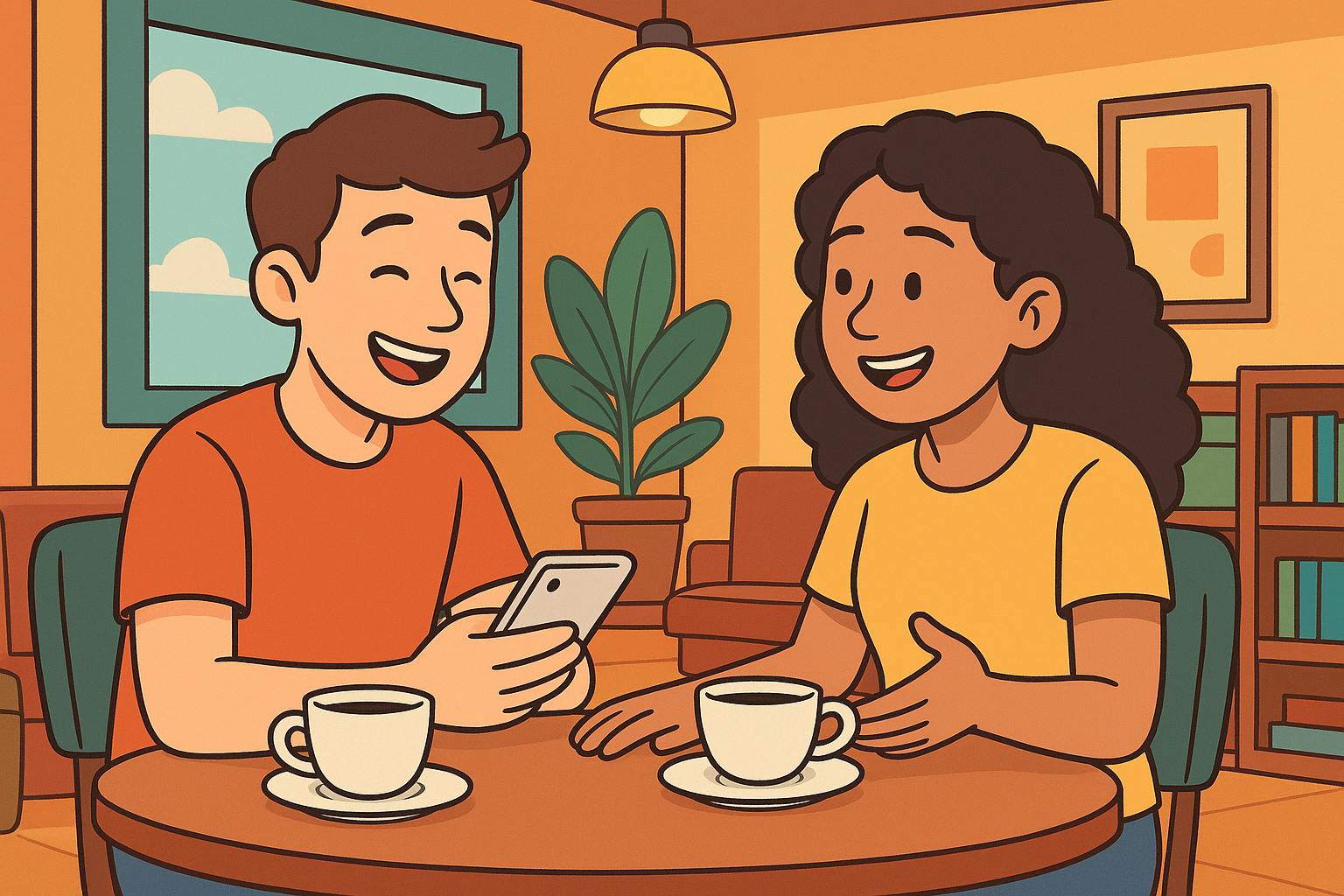 Cartoon friends meeting in cafe